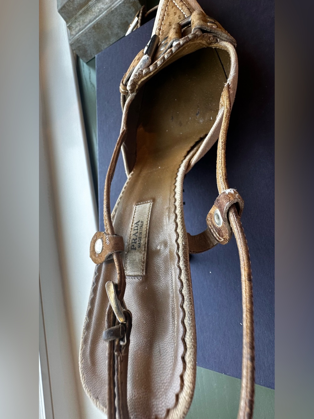 Vintage Prada Beige Canvas Pointed Toe Buckle Slingback Heels - Picture 12 of 16